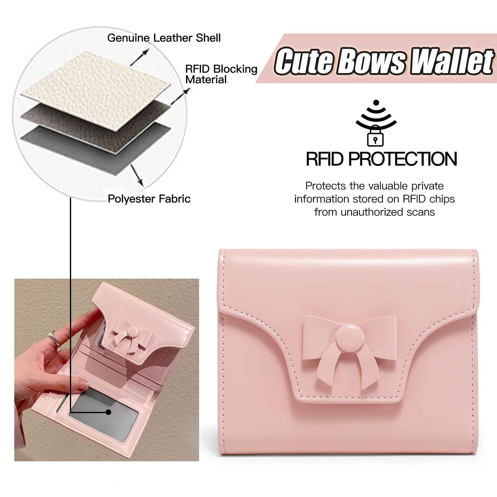 Genuine Leather Wallet for Women Minimalist and Elegant Purse 8 Card Slots and Cash Holder With Bowknot Decoration Lightweight