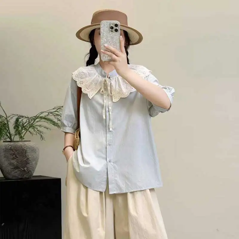 

Japanese Sweet Mori Girl Lace Collar Lace Up Solid Color Shirts Women Summer Stand Collar Short Sleeve Casual Loose Blouse Tops