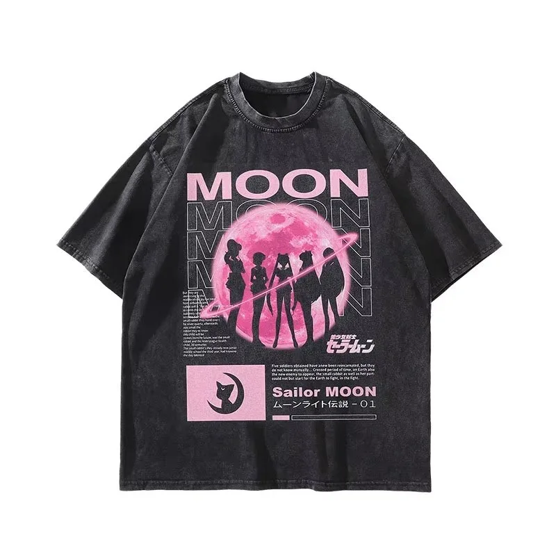 2026 Summer Woman‘s Men's T Shirt Sailor Moon Anime Print Trendy Oversized Short-sleeved Tee Vintage Washed Harajuku Cotton Tops