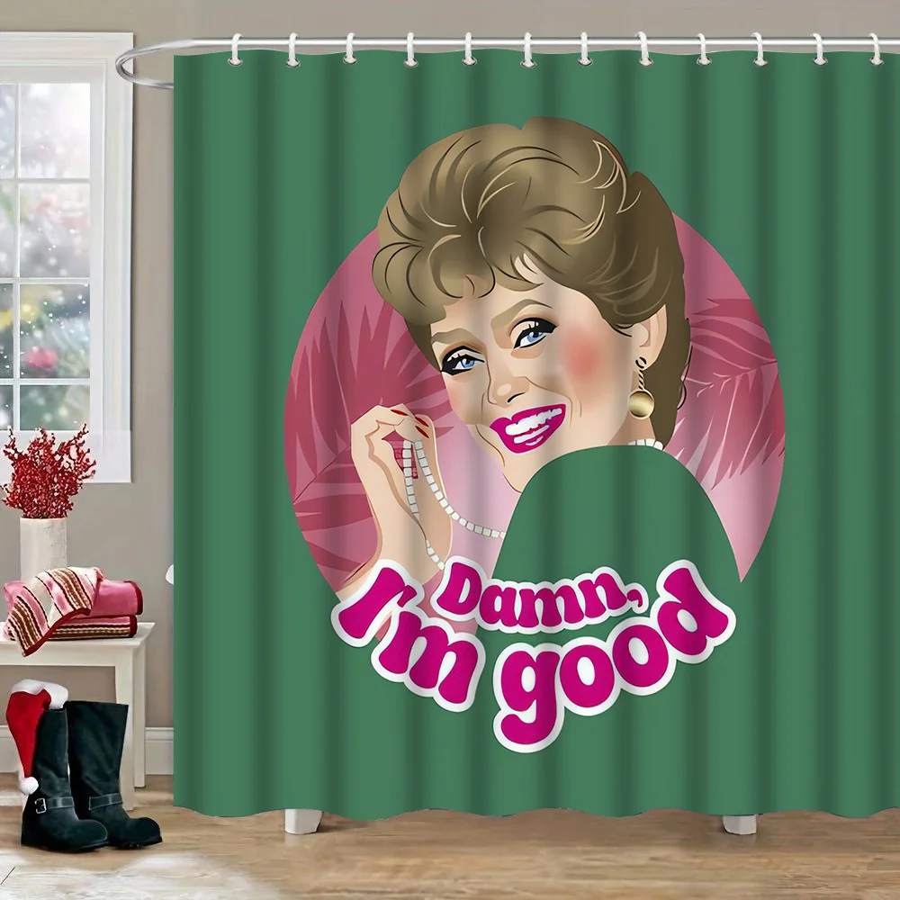 

1 шт. Занавеска для душа с принтом «Damn, I'm Good» и крючками — утолщенная полиэфирная ткань, игривый ретро-дизайн с женщиной и розовым цветочным принтом