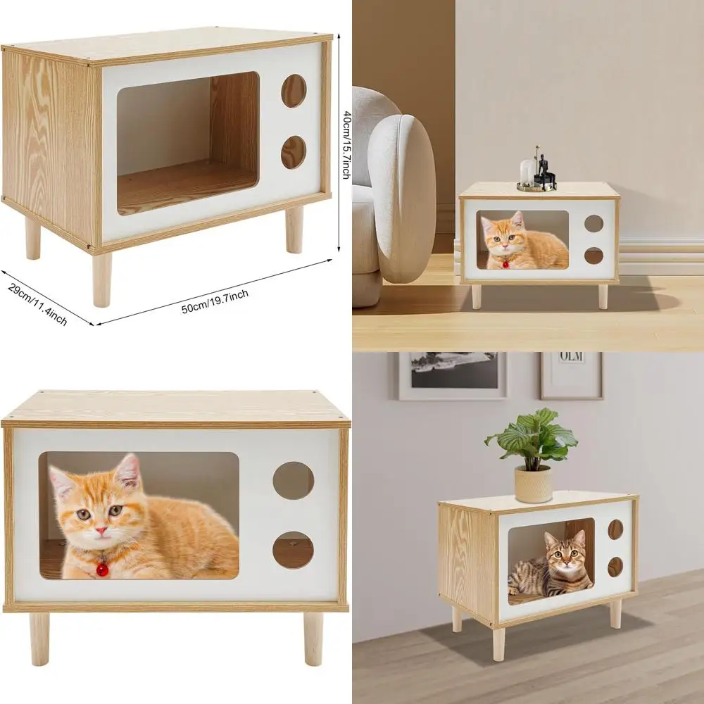 

Современный деревянный домик для кошек с смотровыми окнами в форме телевизора, грузоподъемность 75 кг, простая сборка, для домашних кошек и маленьких собак