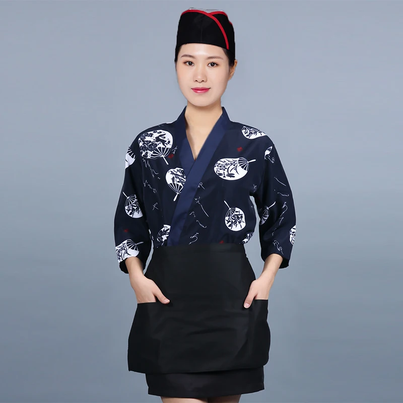 Nieuwe Japanse Keuken Sushi Chef Uniform Kimono Izakaya Restaurant Theehuis Ober Printing Mid Mouwen Overalls Voor Mannen En Vrouwen