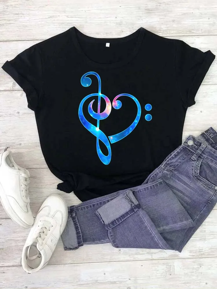 Camiseta con estampado de nota Musical para mujer, remera estampada Harajuku, camisetas informales para mujer