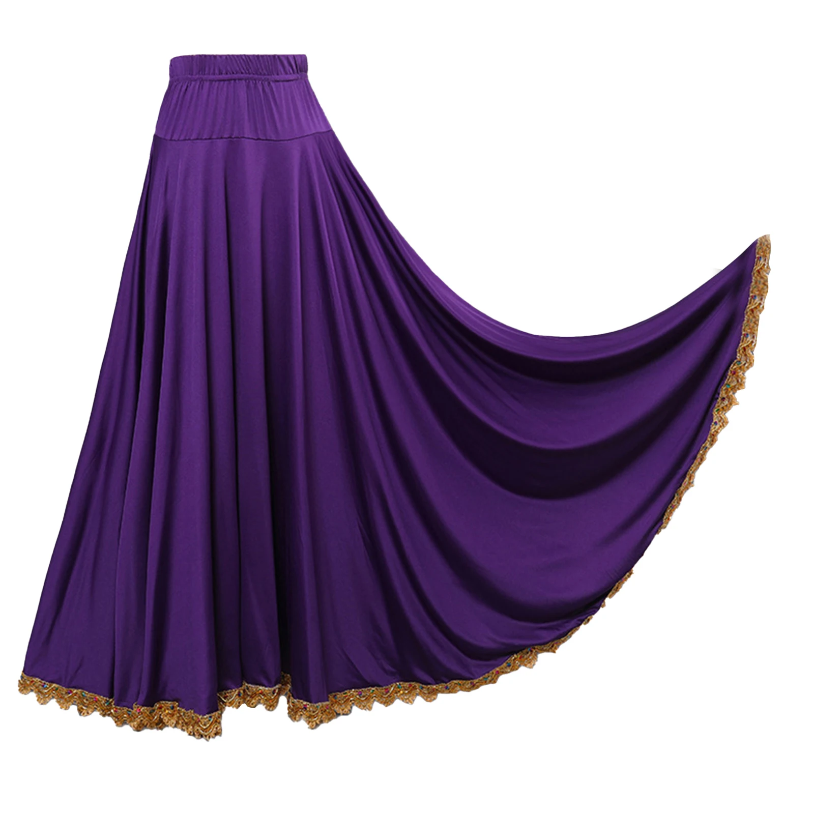 Gonna lunga da donna lirica moderna per danza flamenco, gonna da ballo elastica a vita alta con volant in pizzo per sala da ballo, danza quadrata etnica