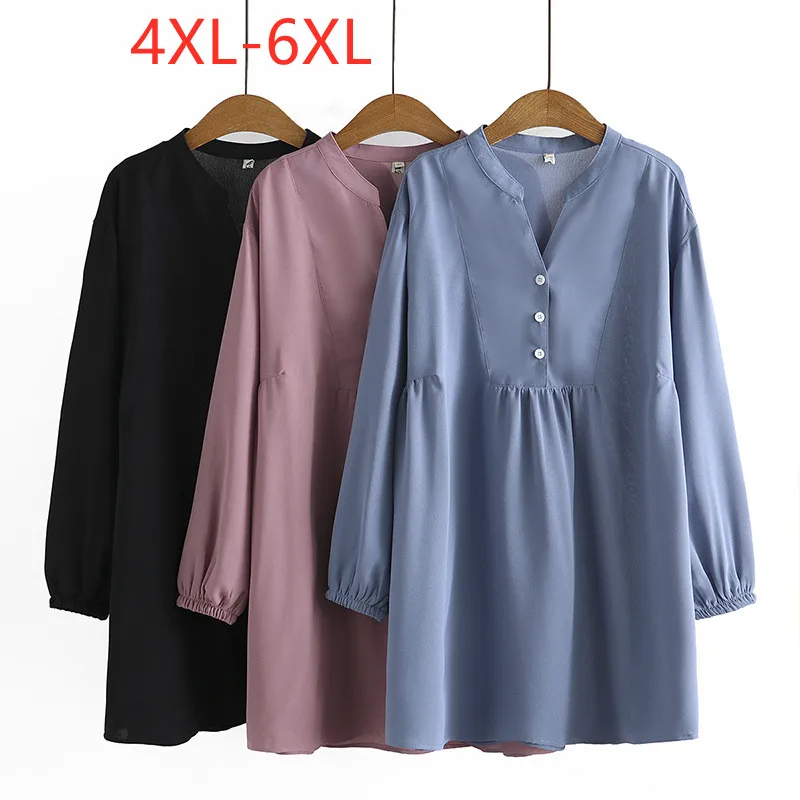 

New 2022 Ladies Spring Autumn Plus Size Shirt Dress For Women Large Long Sleeve Loose Casual Blue Mini Dress 3XL 4XL 5XL 6XL