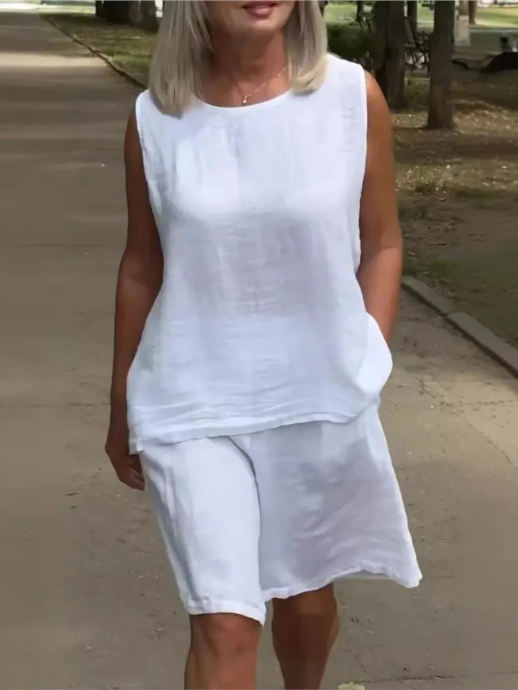 

Female New Loose Two Piece Sets Summer Casual O-neck Sleeveless Vest Top + Shorts Suit Women's Solid Pocket Homewear Outfit