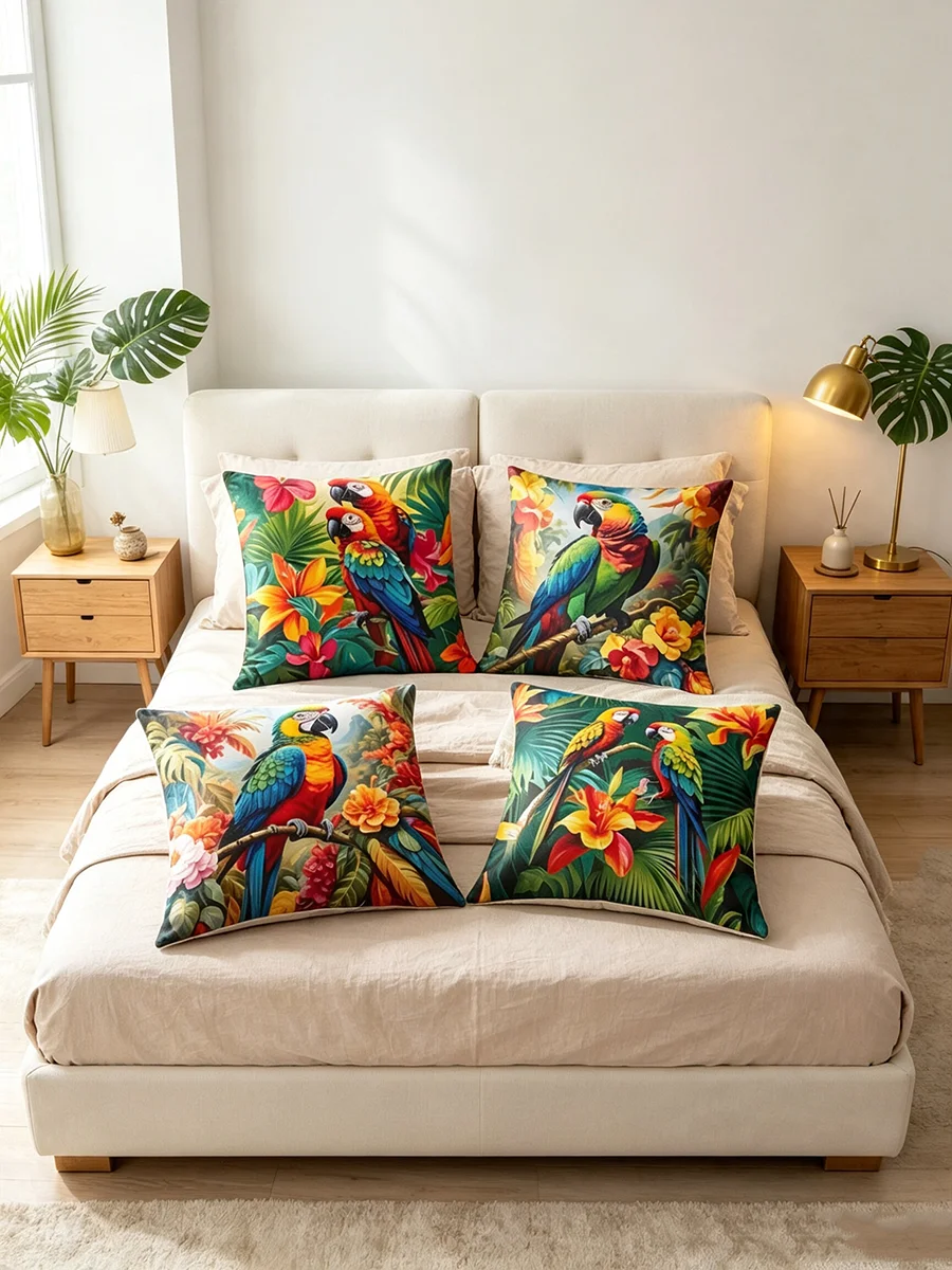 Tropical Parrot Pillowcases Set of 4 Vibrant Colorful Bird Pattern Decorative Throw Pillow Covers for Sofa Patio Home Decor