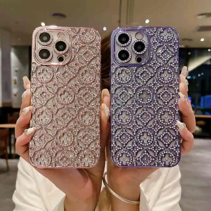 Luxury Full Rhinestone Geometry Plating Phone Case for iPhone 16 Pro Max 11 12 13 14 15 Promax Soft Silicone Women Funda Cover