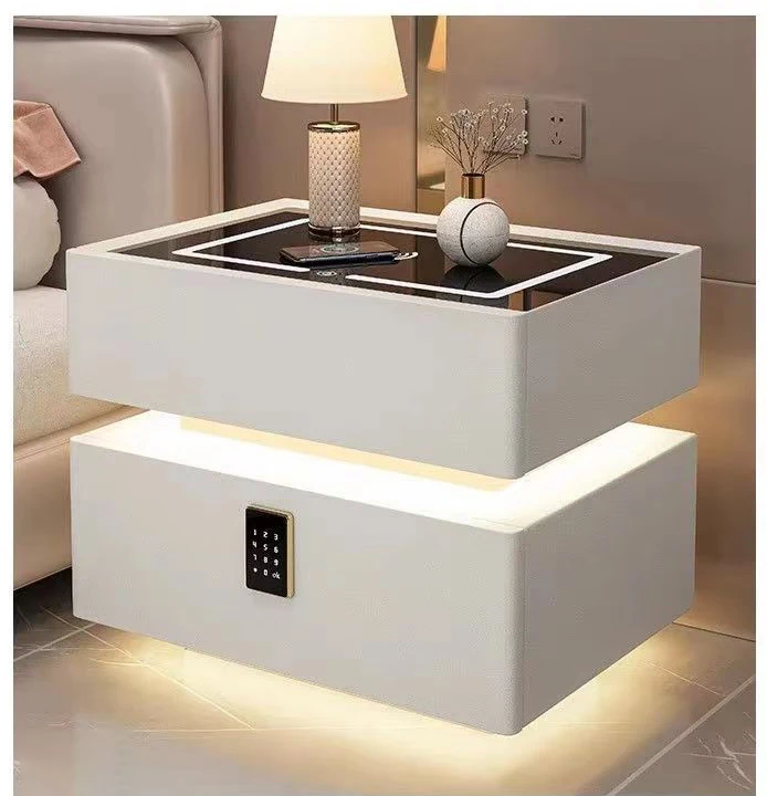 محطات شحن طاولة السرير الذكية الحديثة 2 درج مع قفل بصمة الإصبع مصباح ليد خزانة أثاث غرفة النوم للاستخدام المنزلي #6