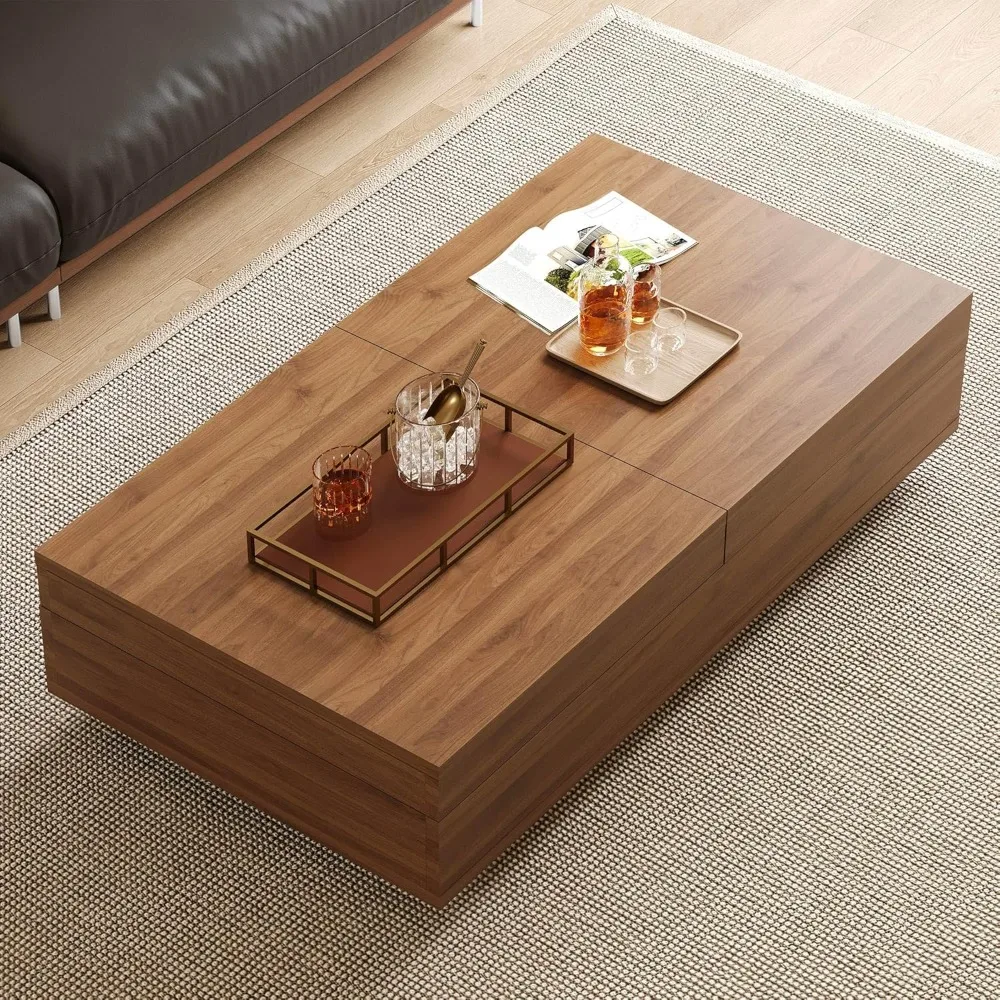 طاولة قهوة حديثة قابلة للتوسيع، 47.2-81.8 طاولة مركزية من خشب الجوز قابلة للتعديل مع مساحة تخزين مخفية كبيرة لغرفة المعيشة