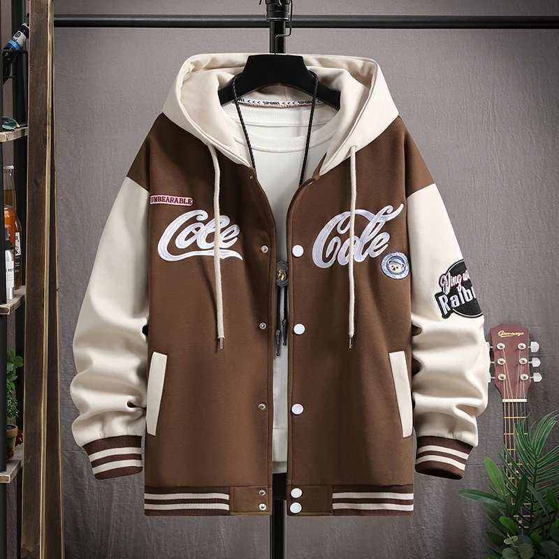 Men Hood Jacket American Style Hooded Baseball Coat Casual Spring Autumn Korean Version Loose Fit Couple Sportswear