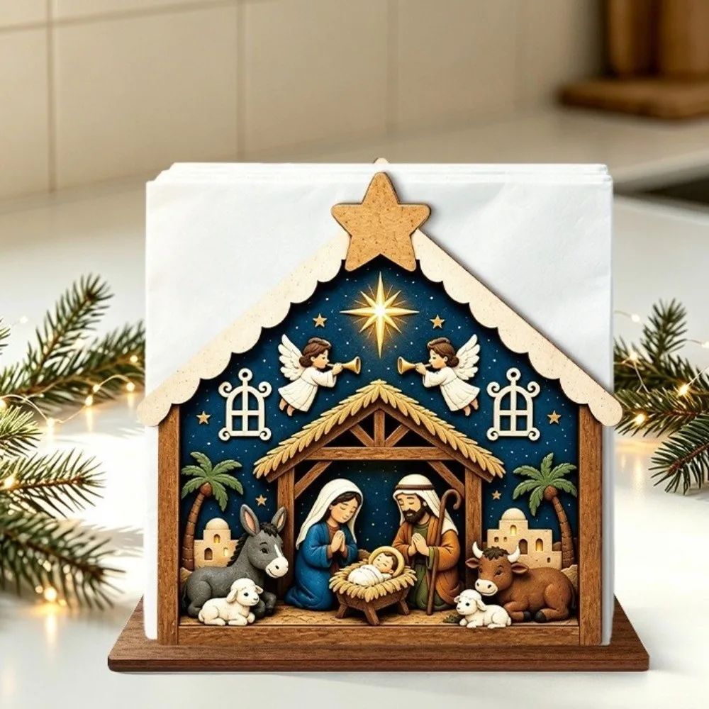 Wooden Christmas Napkin Holder 2D Flat Angels Design Santa Claus Tissue Dispenser Christmas Nativity Scene Pattern