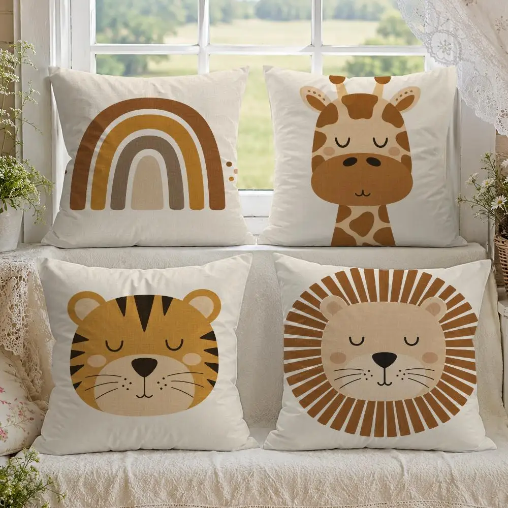 Cartoon Lion Tiger Giraffe Rainbow Kids Cushion Cover 1/4PCS Linen Sofa Couch Bedroom Living Room Home Office Decor Pillow Case