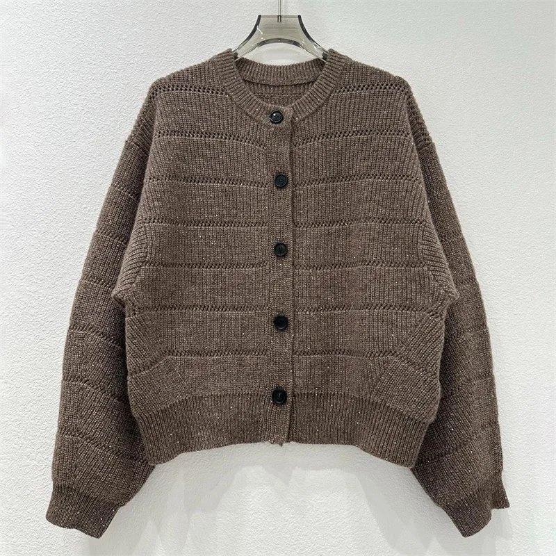 

Cardigan for women New elastic knitted slim fit long sleeved top for autumn 2025 Cashmere blend Women's sweater sequins Knitwear