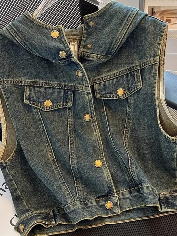 Retro Denim Vest Women's Spring Summer Layered Wear Hat Design Short Sleeveless Top Cowgirl Style Fashion Outerwear