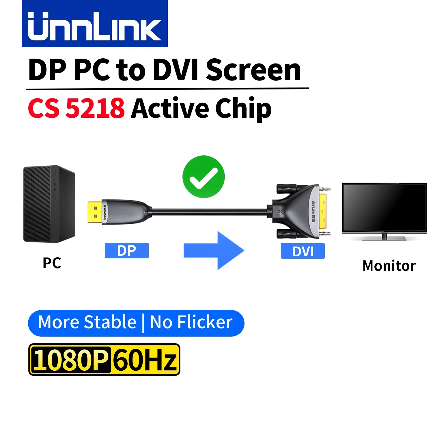

Unnlink DisplayPort to DVI Cable 1.8m/5.9ft Active, New DP PC to Old DVI Monitor, Compatible DVI-D, DVI-I, for Lenovo, Dell, HP