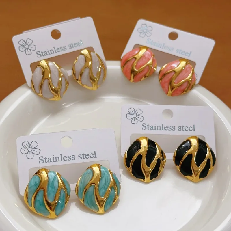 New Retro Gold Color Stainless Steel Colored Resin Drops Oval Teardrop-shaped Stud Earrings for Woman Charm Jewelry Accessories