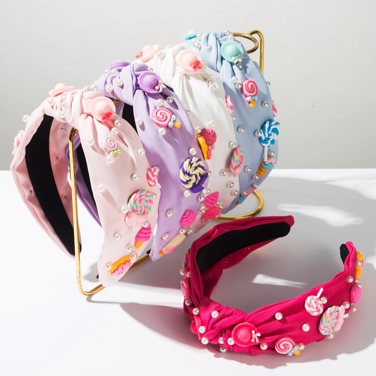 

Fashion new fabric knotted headband beads sweet rainbow candy accessories headband simple go out wearing hair accessories