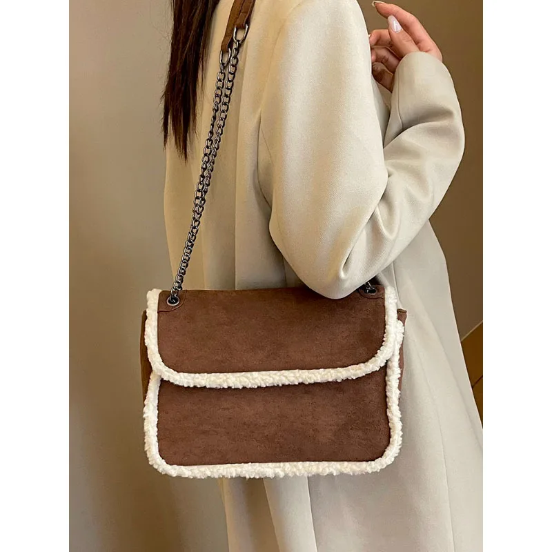 Winter Large Capacity Faux Suede Chain Crossbody Bag Fashion Lamb Wool Splice Square Bag High-End Texture Women New Shoulder Bag