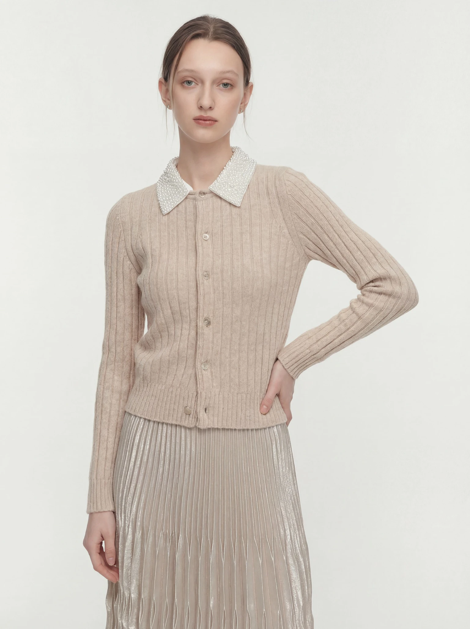 

Вязаный кардиган из смесовой шерсти с отстегивающимся воротником из искусственного жемчуга, французский стиль, длинный рукав, свободный крой, повседневный, весенняя мода