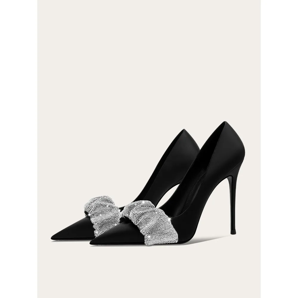 

2025 New Black High Heel Shoes Women Pointed Toe Rhinestone Stiletto Pumps Stacked Fold Design