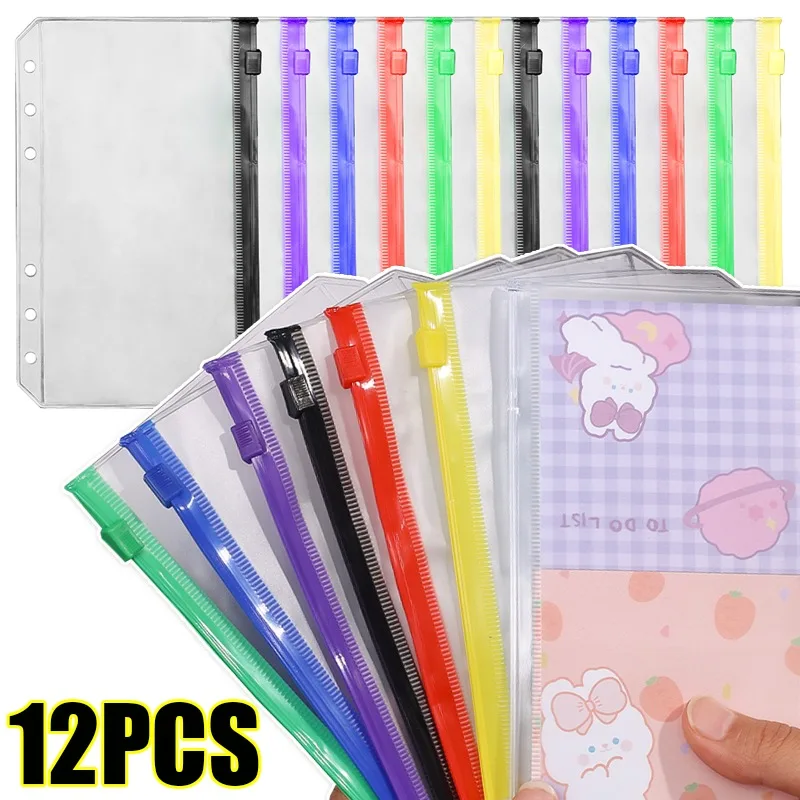 12/6PCS Loose Binder A6 6-Hole Zipper Binders Pockets Waterproof PVC Transparent Envelopes Loose Leaf Bags Pouch Document Filing