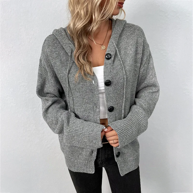 Solid Color Hooded Single-breasted Sweater Women's 2025 Autumn and Winter New Drawstring Knitted Cardigan Jacket Women