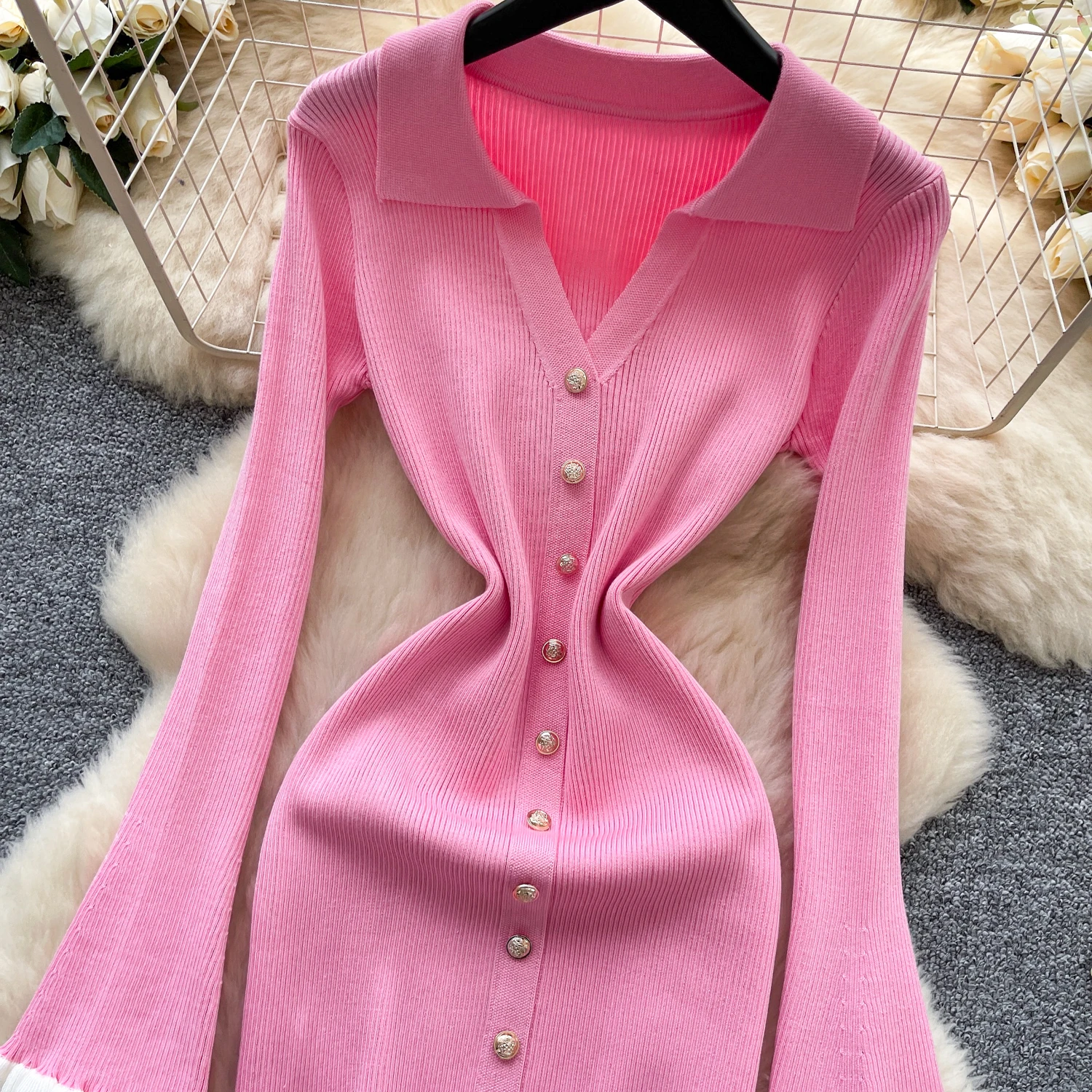 Chic vintage Impiombato aderente manica lunga Maglia Elegante Fata moda coreana Boho Vestito estivo da donna mini abito