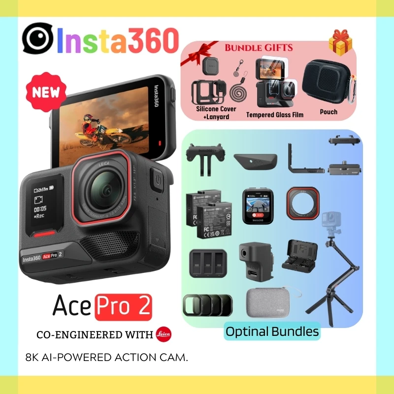 Insta360 Ace Pro 2 Action Camera Dual Battery 8K 30FPS Leica AI Chip 2.5'' Flip Touchscreen HDR FlowState Stabilization Acepro2