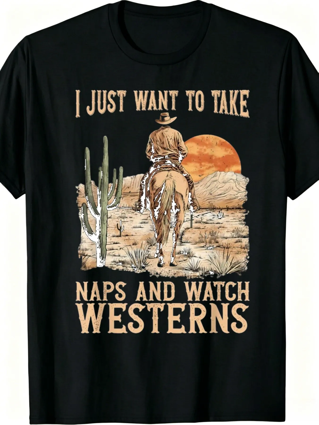 Men'S T-Shirt Western Vintage Style Cow Riding Horse in Desert Print Soft Breathable Blend Casual Crew Neck Tee for Daily Wear Home Napping And Western Movie Fans