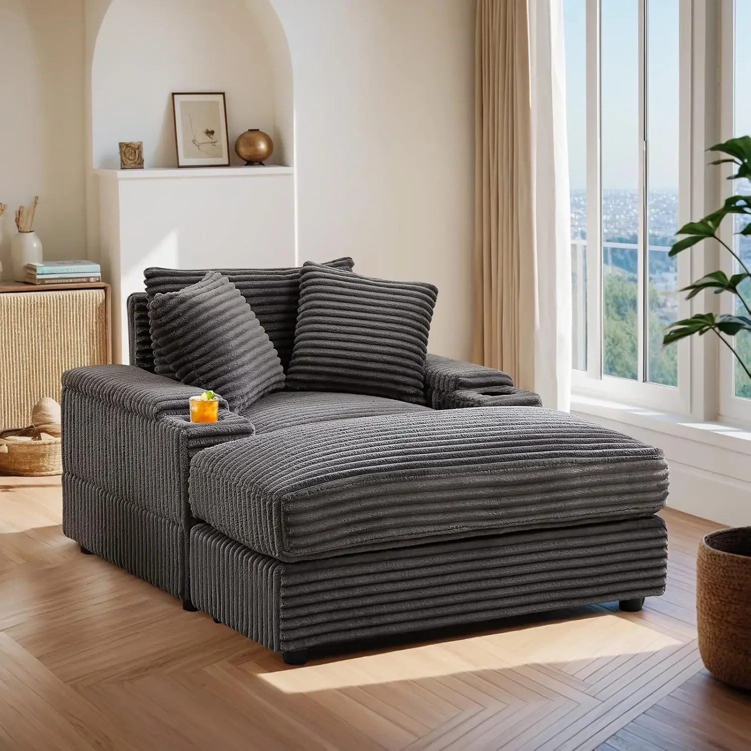 Kursi santai dengan Ottoman, Sofa Modern Corduroy dengan ruang penyimpanan, tempat cangkir, kursi Sofa malas, kursi tidur santai