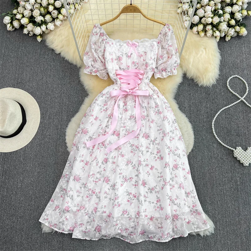 

Summer Korean High Waist Mid-length Pink Floral Printed Chiffon Dress Square Collar Bubble Short Sleeve Ladies Dresses Vestidos