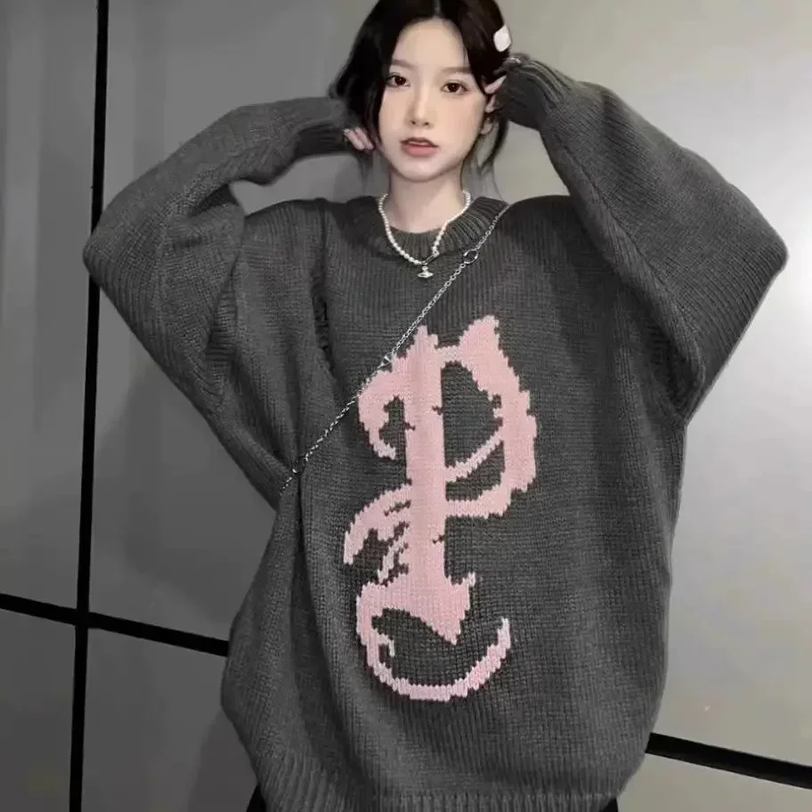 سترات نسائية محبوكة عتيقة بلوفرات دافئة مترهل فضفاضة برقبة مستديرة مطبوعة شعبية كل مباراة مريحة كلاسيكية Ulzzang