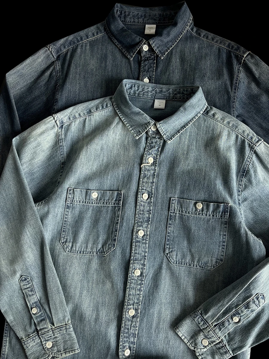 

Authentic American Washed Heavyweight Cotton Long Sleeve Denim Shirt Spring Trendy Loose Workwear Thin Outerwear for Men