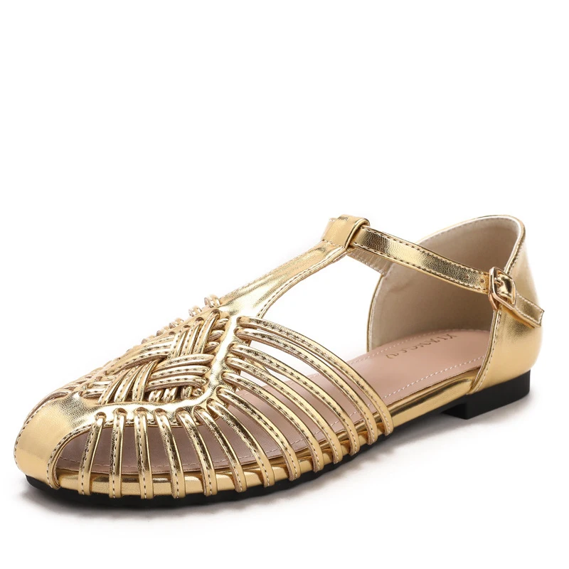 Vintage Handmade Woven Roman Shoes with Hollowed Toe, Flat Sandals with Single Buckle Strap, Versatile Commuting Women's Shoes