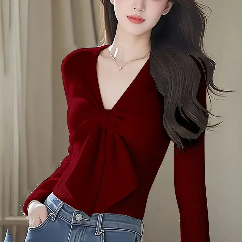Autumn Winter Women\'s 2024 New Splicing Pullovers V-neck Sweater Fashion Solid Color Casual Versatile Long Sleeve Knitted Top