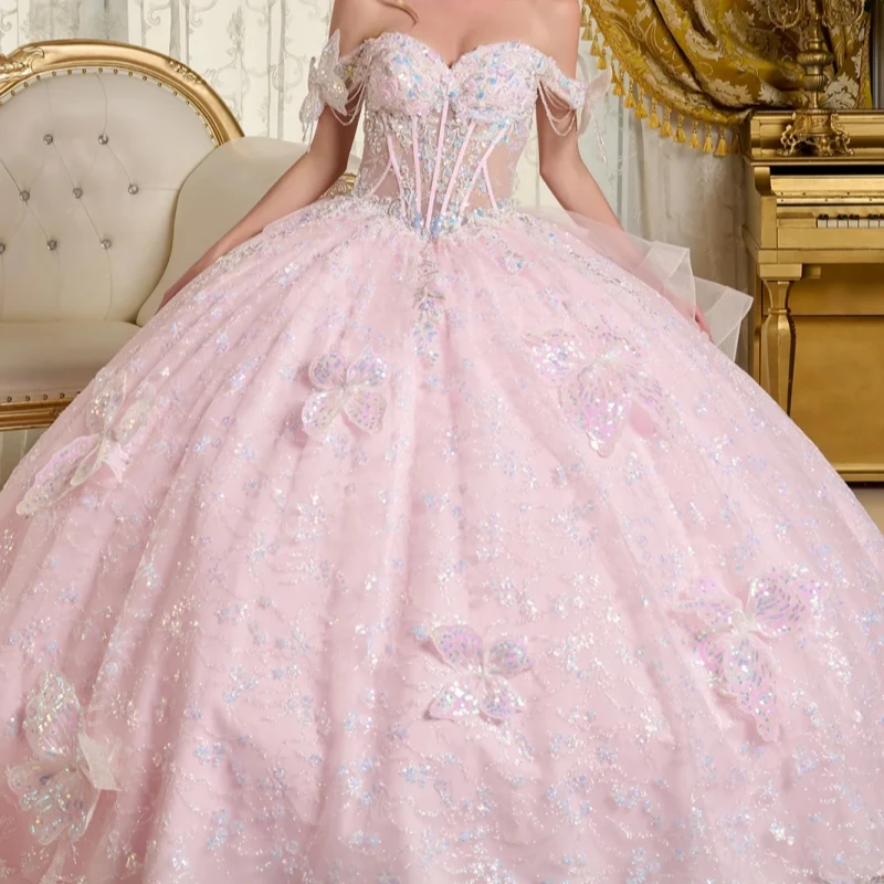 

Pink Shiny Quinceanera Dresses Ball Gown Off The Shoulder Sequin Applique Lace Beads Bow Tull Corset Party Birthday Sweet 16