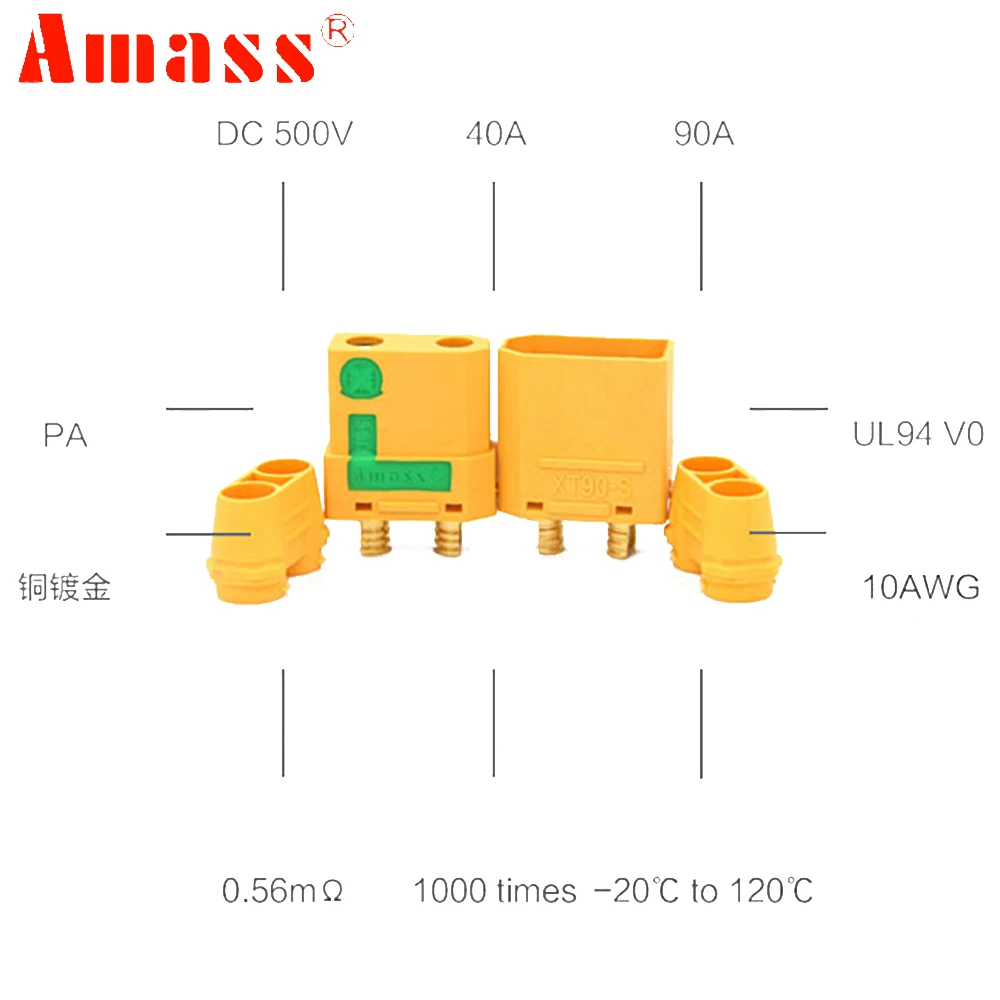 Amass XT90S XT90-S Bullet Connector Male/Female Anti Spark For Lipo Battery Connector FPV Drone Quadcopter Car Truck Toys