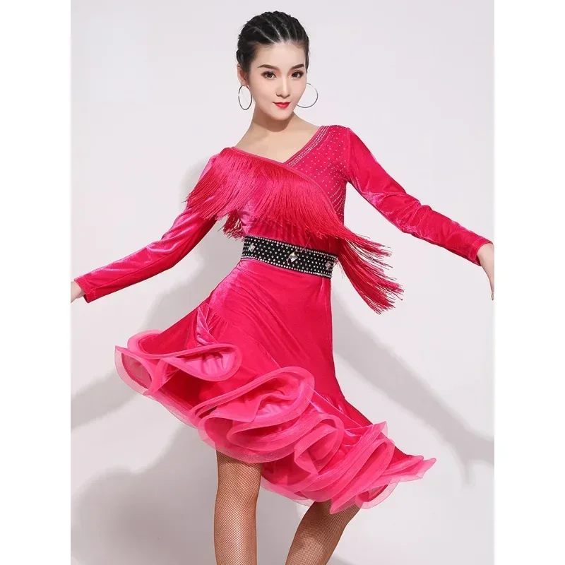 

Customized Women's Latin Dance Dress Adult Tassel Long Sleeve Velvet Modern ChaCha Tango Rumba Practice Performance Costume
