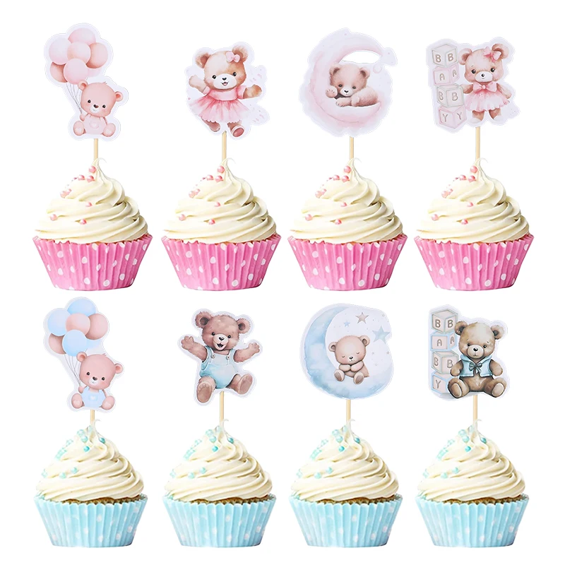 12 stücke Rosa Blau Ballon Bär Cupcake Topper Baby Dusche Liefert Geschlecht Offenbaren Dekor Junge Mädchen Kinder Geburtstag Party Kuchen decor