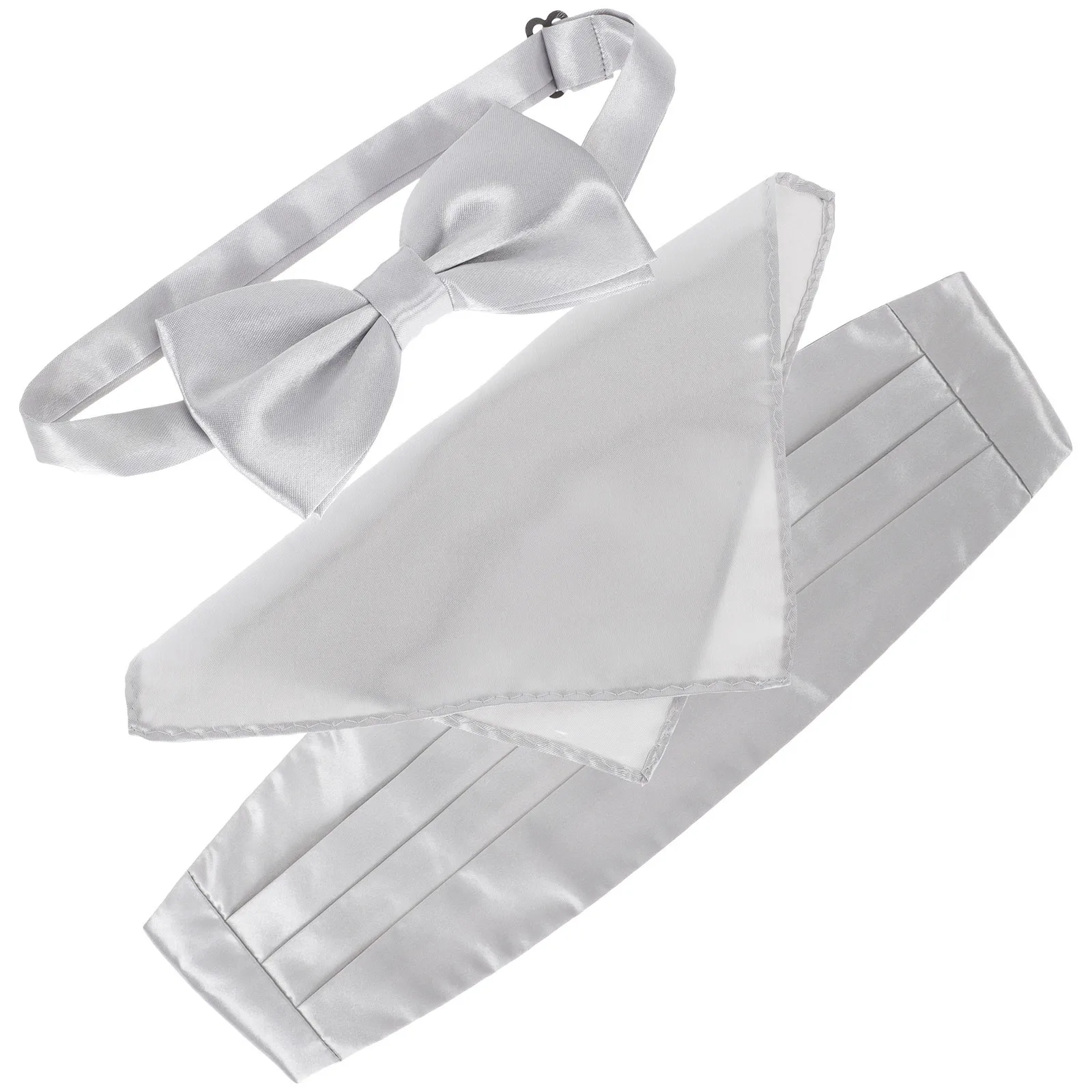 

1Set Men Pre-Tied Bow Ties Cummerbund Handkerchief Set Silver Silk Formal Accessory for Weddings Business Bow Ties for Men