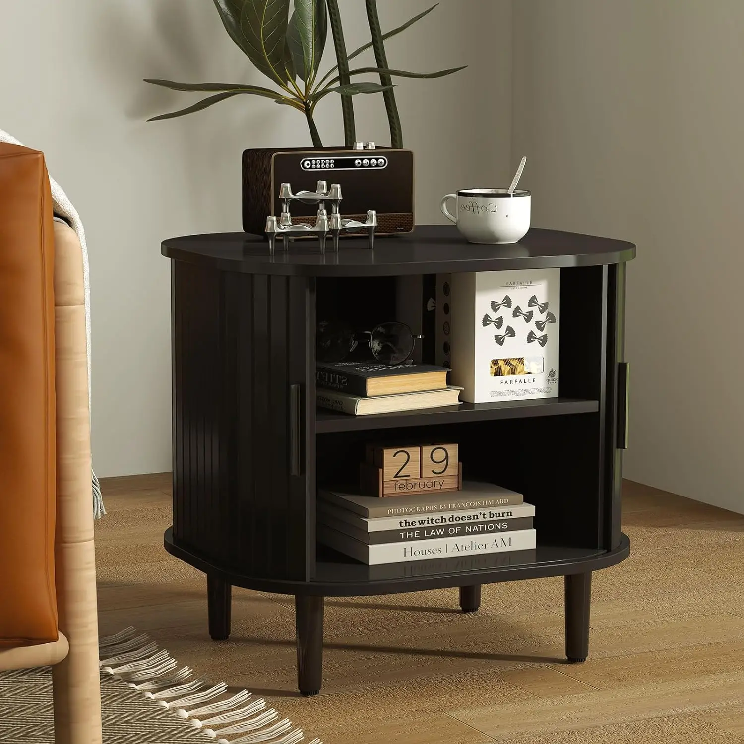 중간 세기 현대 현관 악센트 소파 테이블, 탬버 플루트 사이드 테이블, 거실 침실용 컴팩트 보관 솔루션
