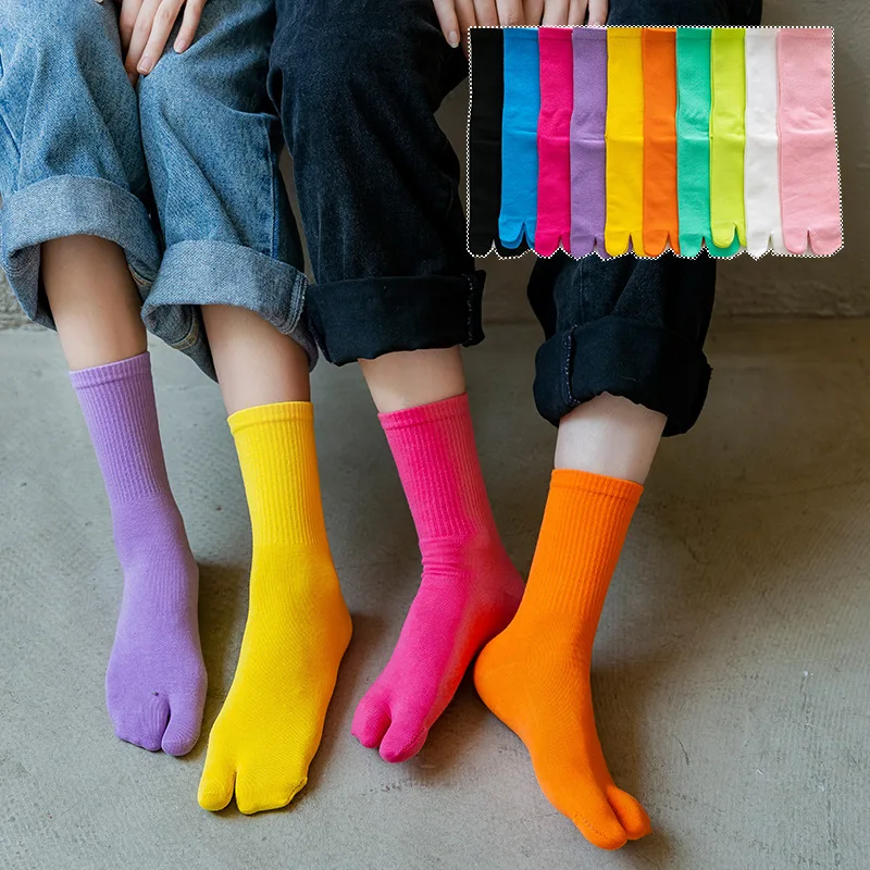 Couple Two Toe Tabi Socks Bright Color Solid Cotton Mid-Tube Flip Flops Japanese Style Kimono Two Toed Clogs Socks for Women Men