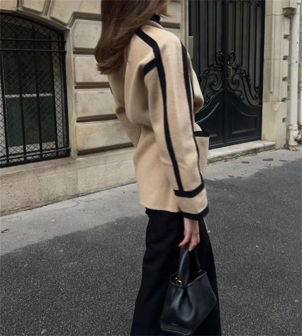 Women Fashion Spliced Contrast Coats Long Sleeve Belt Pocket Decorate 2024 Autumn Winter New In Jacket  Lady Mid-length Outwear