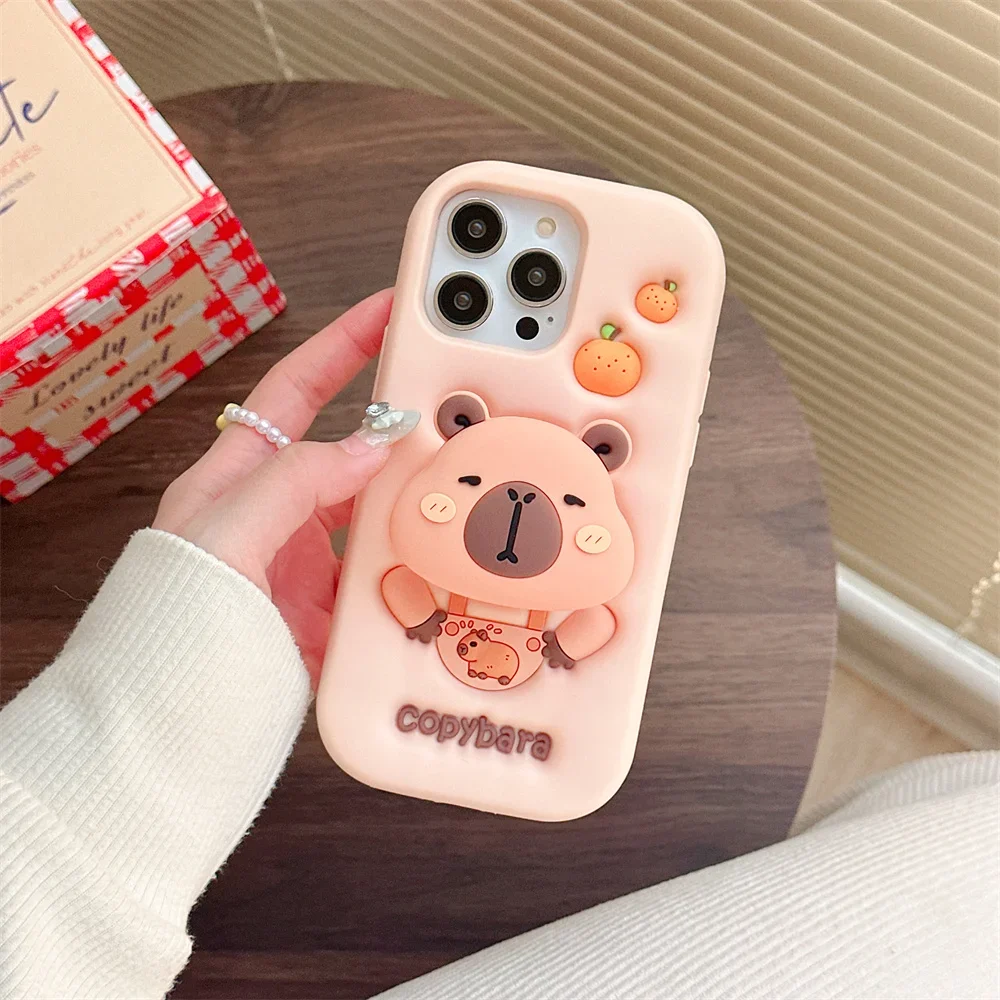 3D cartoon Kapibala holder phone case For Iphone16 15 14 13 ProMax Shockproof silicone soft Cute Anti-drop Shockproof Back Cover