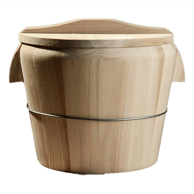 Kitchen Tool Portable Natural Wooden Steaming Rice Bucket with Lid Steamed Rice Barrel Canteen Restaurant Steamer