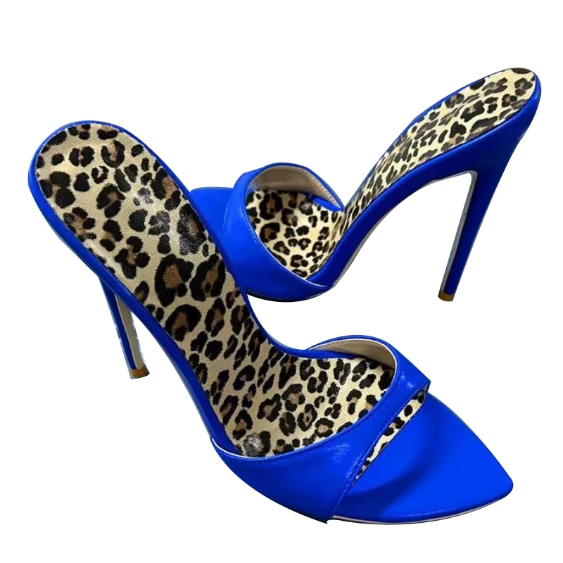 

SHOFOO Fashionable women's high-heeled slippers. Blue leather slippers. About 12 cm heel height. Sharp pointed slippers. 34-46