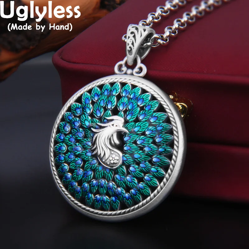 Uglyless A Peacock Spreading its Tail Colorful Enamel Pendants Women 925 Silver Medal Necklaces Hollow Dragon Phoenix NO Chain