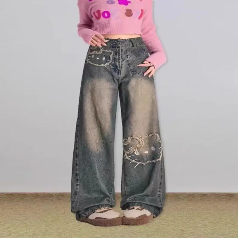 

Джинсы женские джинсовые с вышивкой в стиле ретро Sanrio Hello Kitty, весна-осень, новинка, с высокой талией, свободного кроя, широкие прямые штанины