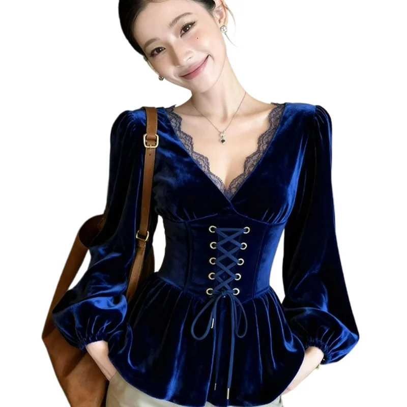 

Женская блузка с рюшами и вырезом V-образной формы, сине-голубая, в стиле пэчворк, с завышенной талией, осенне-зимняя коллекция 2026, корейский дизайн, приталенный крой